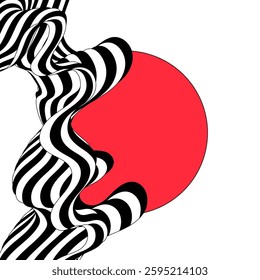 Abstract black and white wave on a background of RED circles.