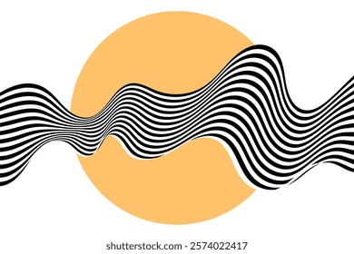 Abstract black and white wave with orange circles.