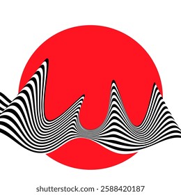 Abstract black and white wave with red circle.
