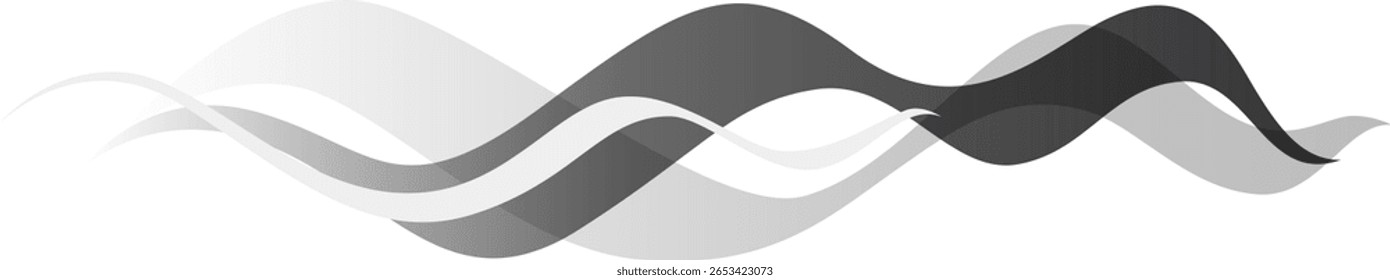 Las ondas Abstractas en blanco y negro fluyen horizontalmente, creando un patrón dinámico y visualmente atractivo contra un fondo blanco limpio, adecuado para diversas aplicaciones de diseño