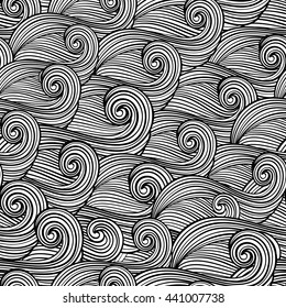 Abstract black and white waves. Hand drawn seamless pattern. Vector illustration. 