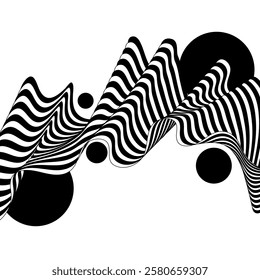Abstract black and white waves. Wave pattern with black circles. Vector background.