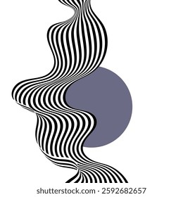 Abstract black and white waves. Wave pattern with gray circle.