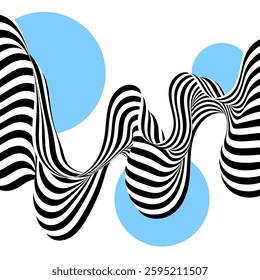 Abstract black and white waves. Wave pattern with blue circles.