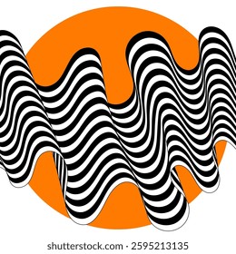 Abstract black and white waves. Wave pattern with orange circle. Vector background.
