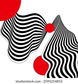 Abstract black and white waves. Wave pattern with color circles. Vector background.