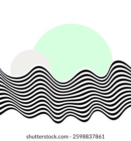 Abstract black and white waves. Wave pattern with gray and green circles.