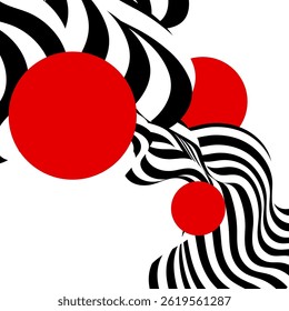 Abstract black and white waves. Wave pattern with red circles. Vector background. Eps 10