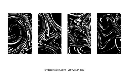 Abstractas conjunto de fondo ondulado en blanco y negro con patrones fluidos de estilo mármol. Perfecto para proyectos de diseño moderno, carteles, fondos de Web o composiciones artísticas mínimas.