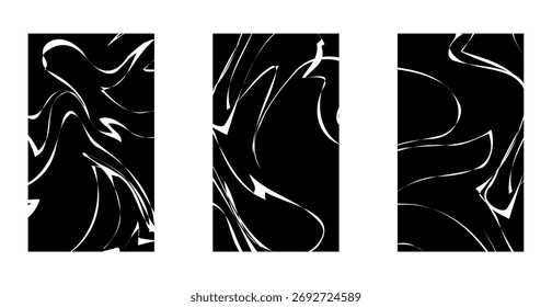 Abstractas conjunto de fondo ondulado en blanco y negro con patrones fluidos de estilo mármol. Perfecto para proyectos de diseño moderno, carteles, fondos de Web o composiciones artísticas mínimas.