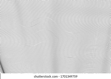 Abstract black and white wavy grid background. The geometric squared pattern. 3d vector mesh illustration. Distorted monochrome texture. Stripe deformation background. Dynamical rippled surface. 