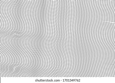 Fondo abstracto de rejilla ondulada en blanco y negro. Patrón geométrico cuadrado. Ilustración de malla vectorial 3d. Textura monocroma distorsionada. Fondo de deformación de bandas. Superficie dinámica de rizado. 