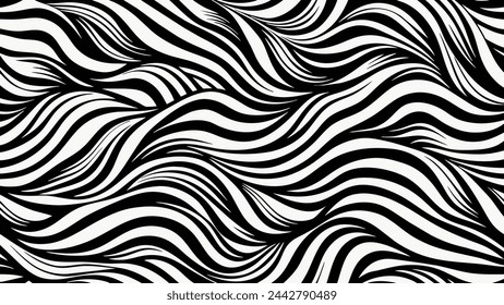 Abstract black and white wavy line drawing seamless pattern. Modern minimalist fine wave outline background, creative monochrome wallpaper texture print