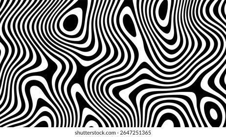 Abstractas patrón de línea ondulada en blanco y negro. Fondo de ilusión óptica psicodélica para textil, tela y diseño de Fondo de pantalla.