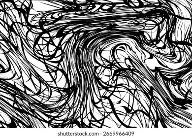 Vetor padrão de linha ondulada preto e branco abstrato, fundo de espiral de ilusão óptica, arte de contorno curvo psicodélico, design de textura de estilo topográfico fluido, ilustração EPS decorativa moderna