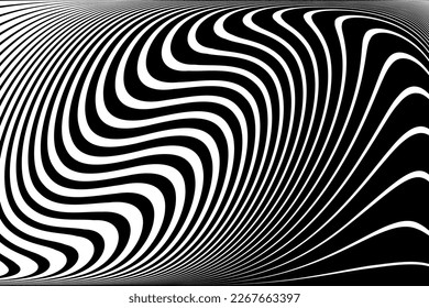 Resumen del patrón de líneas onduladas en blanco y negro con efecto de ilusión 3D y movimiento de torsión. Arte vector.