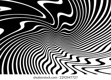 Abstract Black and White Wavy Lines Halftone Pattern with Twisting Motion Illusion Effect. Vector Art.