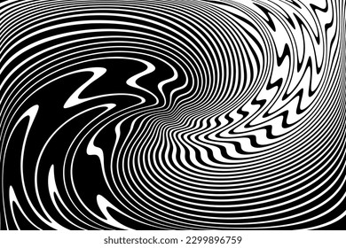 Resumen Patrón de semitono de líneas onduladas en blanco y negro con efecto de ilusión de movimiento de vórtice. Arte vector.