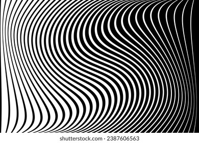 Abstract Black and White Wavy Lines Textured Background with 3D Illusion and Twisting Movement Effect. Vector Art.