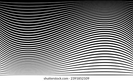 Abstract Black and White Wavy Lines Textured Background with 3D Illusion and Twisting Movement Effect. Vector Art.