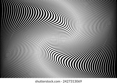 Abstract Black and White Wavy Lines Textured Background with 3D Illusion and Twisting Movement Effect. Vector Art.