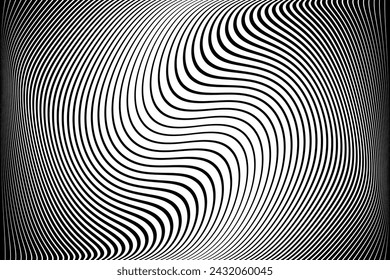 Fondo texturizado de líneas onduladas blancas y negras abstractas con ilusión 3D y efecto de movimiento de torsión. Arte vectorial.