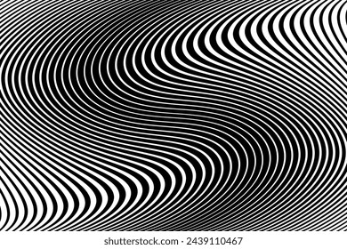Abstract Black and White Wavy Lines Textured Background with 3D Illusion and Twisting Movement Effect. Vector Art.