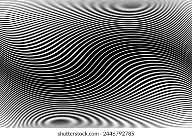 Abstract Black and White Wavy Lines Textured Background with 3D Illusion and Twisting Movement Effect. Vector Art.