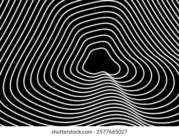 Abstract black and white wavy lines forming a hypnotic, optical illusion pattern. The lines create a sense of depth and movement, making it visually captivating and intriguing