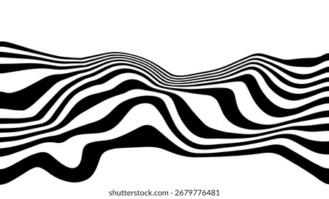 Abstractas fondo de líneas onduladas en blanco y negro. Ilusión óptica op art patrón de onda para cartel, Anuncio, cubierta y diseño. Vector
