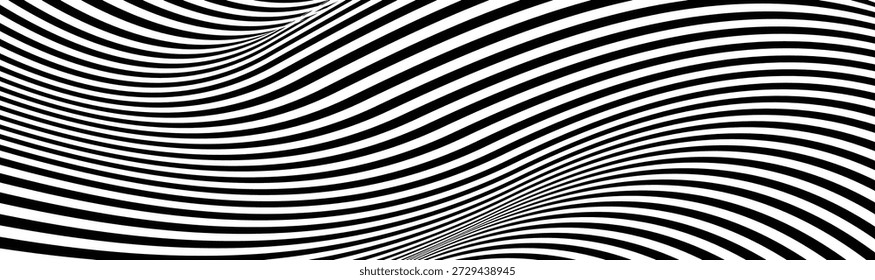Abstract black and white wavy lines create a dynamic optical illusion, expressing movement, depth, rhythm, and modern minimalist visual energy