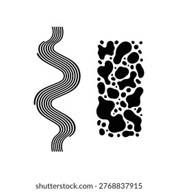 Abstract black and white wavy lines and organic blotch pattern on white background