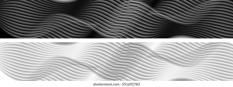 Abstract black and white wavy lines banners. Vector graphic headers design