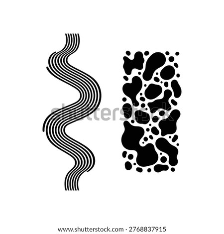 Abstract black and white wavy lines and organic blotch pattern on white background