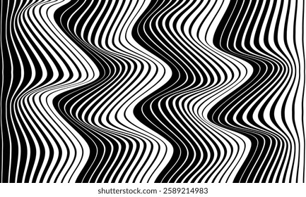 Abstract Black and White Wavy Optical Illusion Pattern with Distorted Stripes Creating a Dynamic and Hypnotic Visual Effect