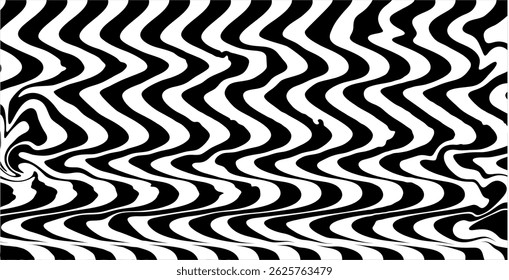 Abstract black and white wavy pattern with optical distortion effect. Perfect for modern packaging, music album covers, fashion apparel, wall art, and digital media backgrounds. 