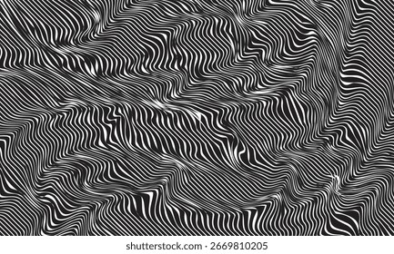Abstrakter, schwarz-weißer, welliger, gestreifter Hintergrund mit Zebramuster, modernem optischem Illusionsdesign, perfekt für Mode, Tapeten, Poster, Textilien und digitale Kunst.