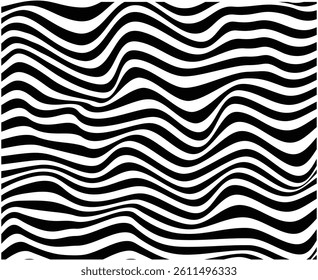 Abstract black and white wavy stripes or lines design background. Op art, optical illusion. Modern design, graphic texture.	