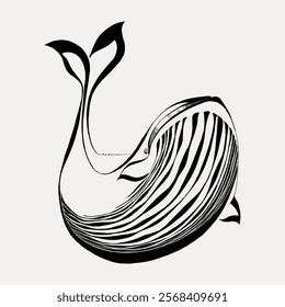 Abstract black and white whale illustration. Whale with bold stripes. Artistic whale design. Whale with flowing lines.