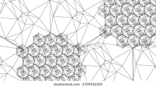 Abstractas malla de alambre en blanco y negro con intrincados patrones geométricos, con dos grupos distintos de complejas estructuras hexagonales de poliedros incrustadas dentro de una red triangular irregular.