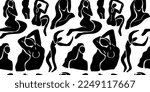 Abstract black and white women seamless pattern. Background illustration of flat cartoon woman figures, young vintage art female wallpaper. Backdrop design for fashion fabric or modern trend print.