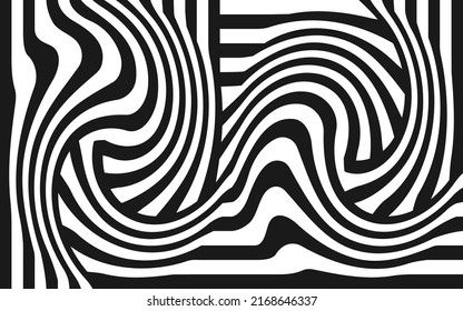 Abstract black and white zebra stripes background vector. Psychedelic wavy lines wallpaper and backdrop.