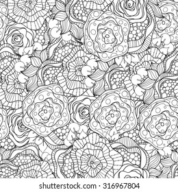 Abstract black and white zentangle seamless pattern. Hand-drawn doodle background.
