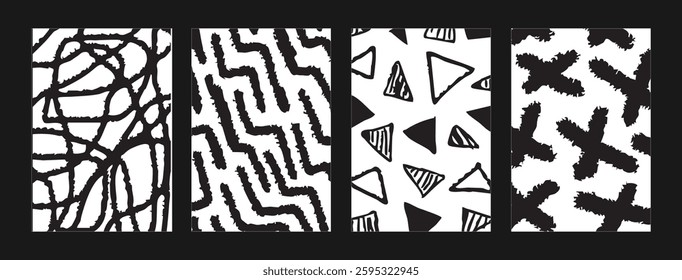 Abstract black and white zigzag seamless pattern with hand-drawn brush strokes. Modern scribble texture for textile, wrapping paper, wallpaper, and background design. Vector illustration.