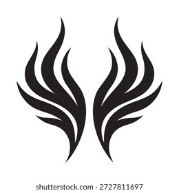 Abstraktes schwarzes Flügel- oder Flammenmotiv-Design mit fließenden gekrümmten Linien auf Weiß