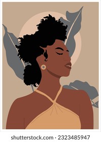 Abstract black woman contemporary poster, wall art design with beautiful African lady on neutral earthy colors background. Gorgeous girl with exotic hairstyle vector bohemian art.