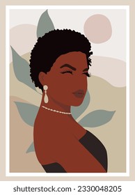 Abstract black woman contemporary poster, wall art design with beautiful African lady on neutral earthy colors background. Gorgeous girl with exotic hairstyle vector bohemian art illustration