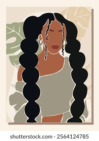 Abstract black woman contemporary poster, wall art design with beautiful African lady on neutral earthy colors background. Gorgeous girl with exotic hairstyle vector bohemian art.