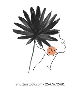 Abstract black woman face one line drawing with watercolor tropical leaf. Female portrait continuous line art in minimal style. Vector illustration for cosmetics, beauty salon logo, fashion print, spa