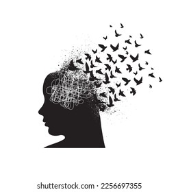 Abstract black woman head silhouette with different thoughts and flying birds isolated on white background